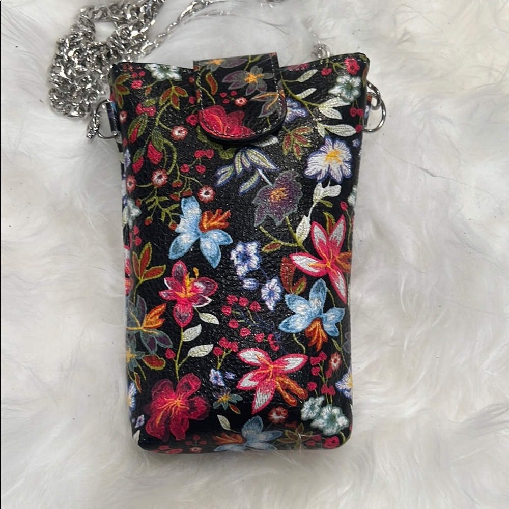 Floral Embroidered Look Printed Black Leather Crossbody Bag